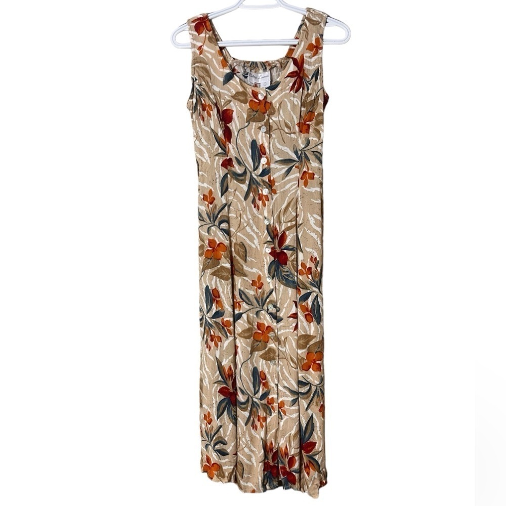 Vintage Betsy Lauren‎ Button Front Floral Tropical Sleeveless Dress 6 EarthTones